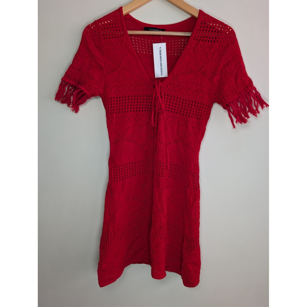 Olivaceous Red Crochet Lace Dress Medium Fringe Sleeve Tie Front Boho Festival